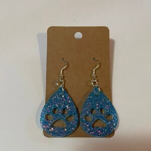 Handmade epoxy resin‎ paw print earrings - blue glitter w/ rosegold flecks